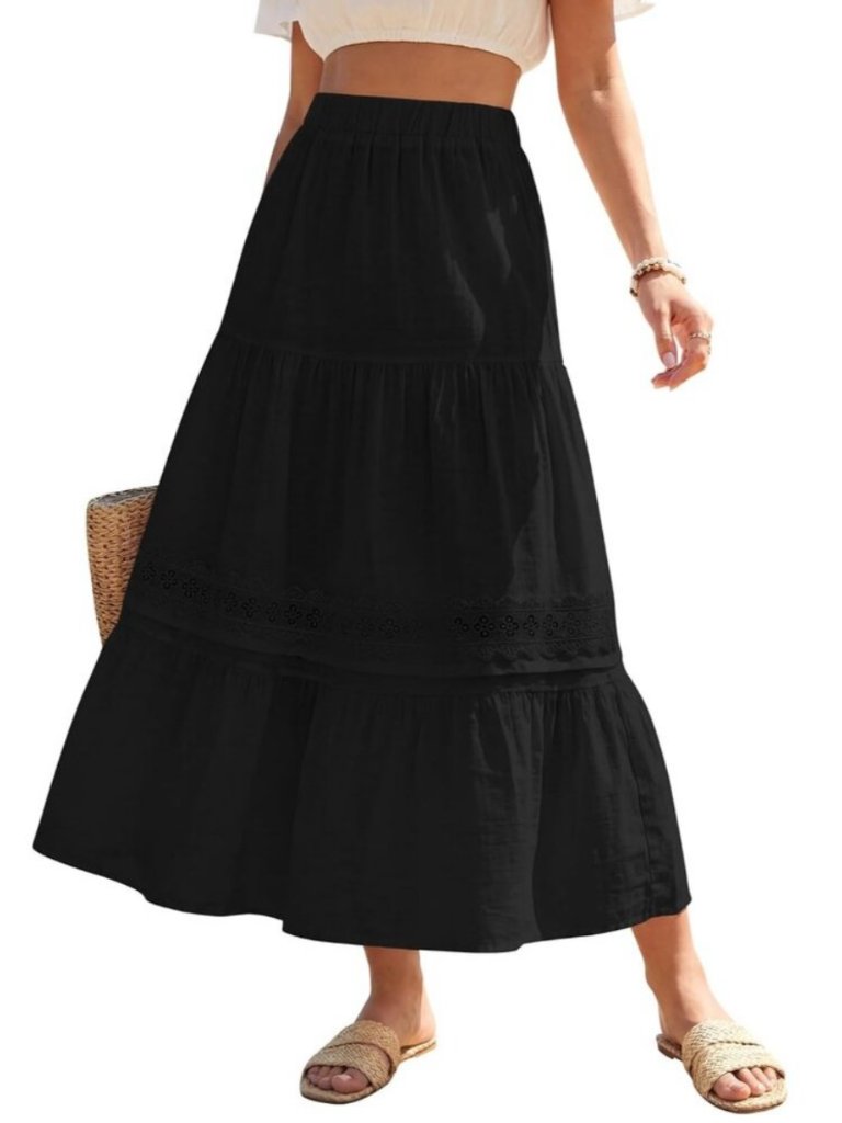 Faithfull The Brand Boho Black Tiered A-Line Cotton Midaxi Skirt Sz M